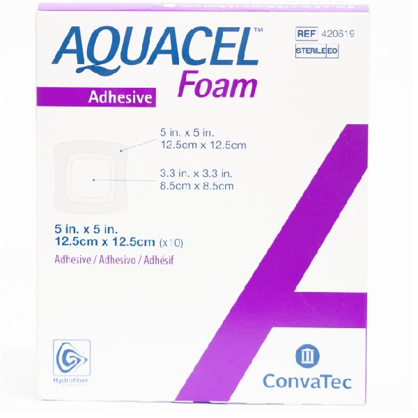 AQUACEL FOAM ADHESIVO 5X5IN / 12.5X12.5CM 10 APOSITOS C/U (CADA UNIDAD)*** (420619) CONVATEC